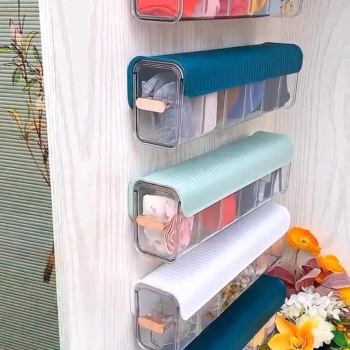 Wall Mounted Underwear Storage Box 3Pcs Punch-Free 6-Grids Transparent Underwear Drawer Organiser Cabinet Wardrobe Sock Organizer for Bras Neck Ties Scarves