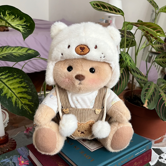 Getahug White Mink Hat Brown Overalls Bear | Handmade Jointed Teddy Bear Gift